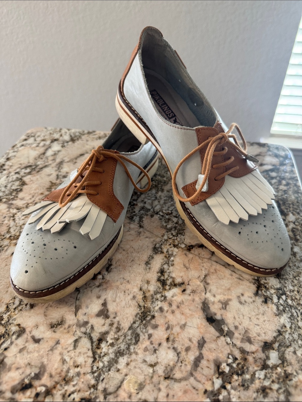 Women’s Two-Tone Lace-Up Brogue Oxfords in Light Blue and Brown
